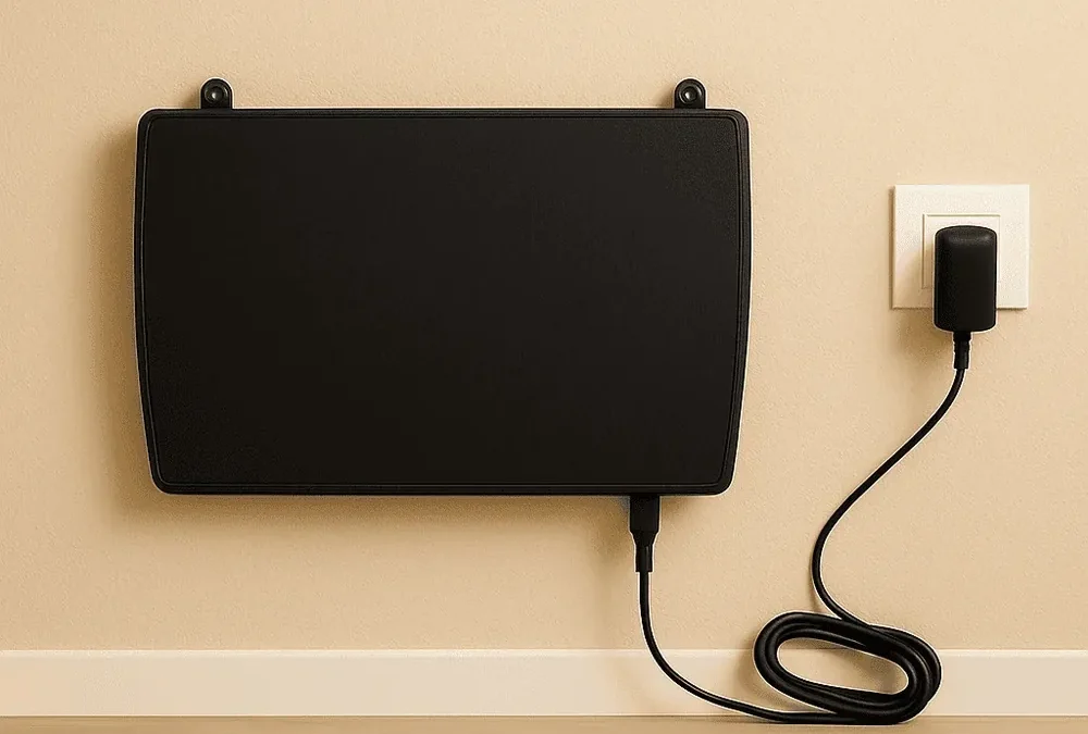 Equipo negro fijado a la pared y conectado a la red