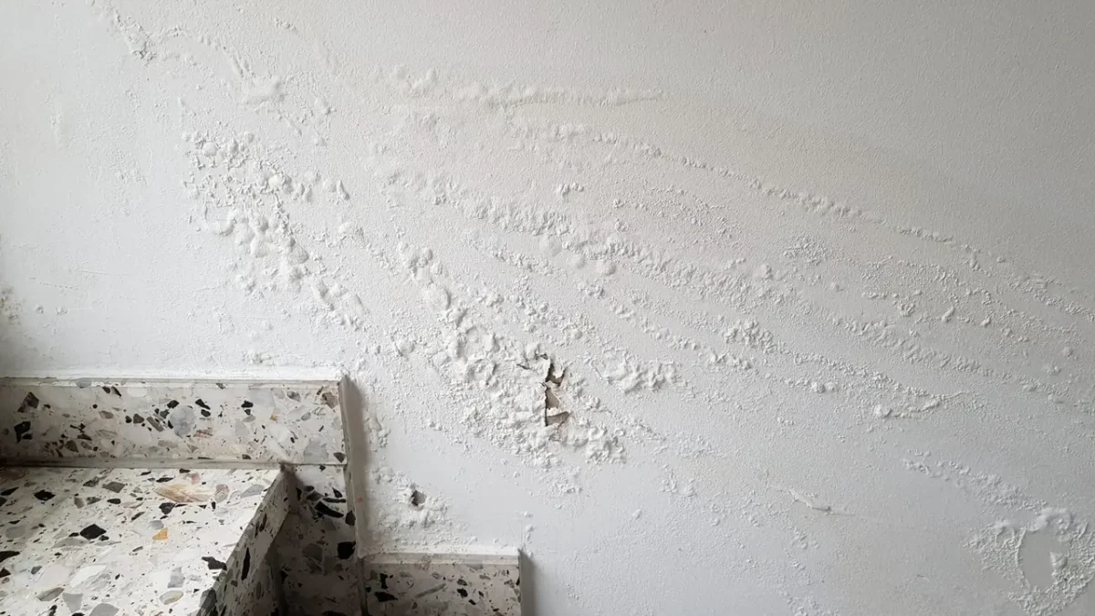 Damaged finish beside a staircase